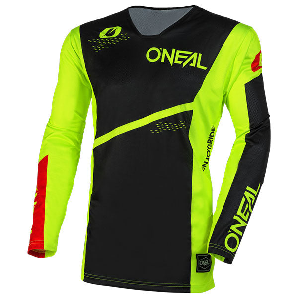 Studio photo showcasing O'Neal, Hardwear Air Slam V.23 Jersey, SKU H004-112, color options Black/Neon, Black/White, sizes XL–2X