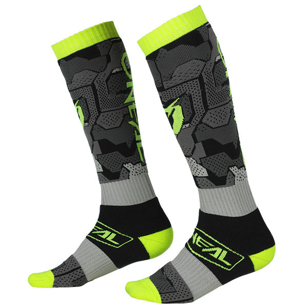 High-resolution studio image of O'Neal, Pro MX Camo Socks, SKU 0356-784, color options Grey/Neon Yellow, Black/Red