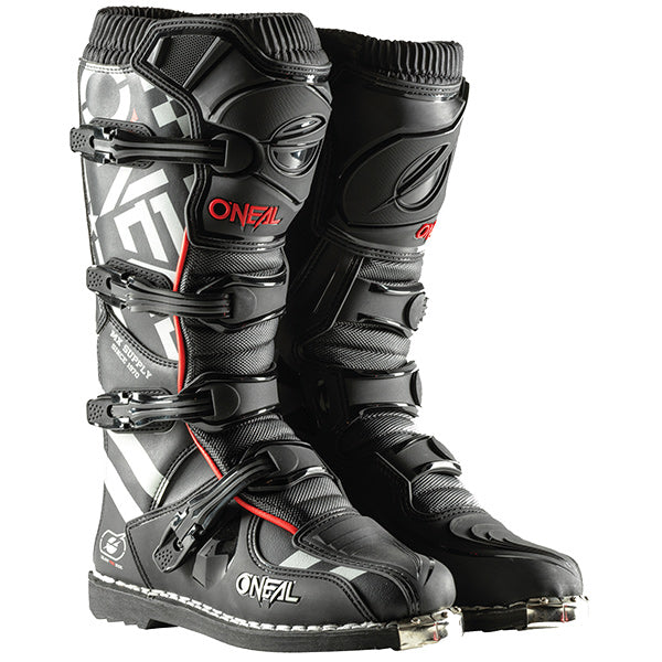 Studio photo showcasing O'Neal, Element Squadron Boots (Youth), SKU 0332-699, color options Black/Grey/Red, sizes K12, Y-1, Y-2, Y-3, Y-4, Y-5, Y-6