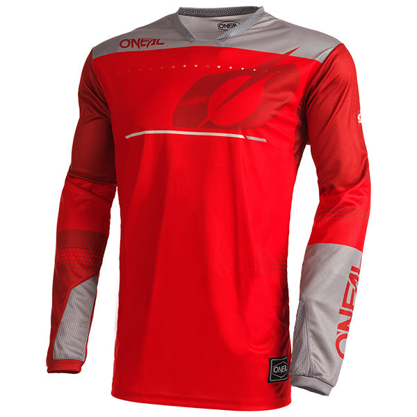 Studio photo showcasing O'Neal, Hardwear Haze Jersey, SKU H003-202, color options Red/Grey, Blue/Red, Blue/Orange, sizes XL–2X