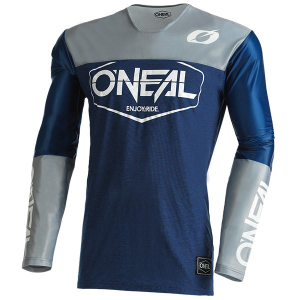 High-resolution studio image of O'Neal, Mayhem Hexx Jersey, SKU M003-002, color options Blue/Grey, Black/Yellow, sizes XL–2X