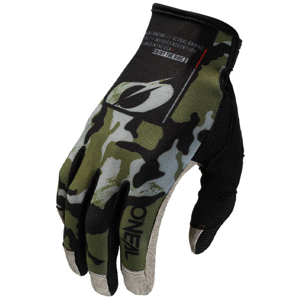 Studio image highlighting O'Neal, Mayhem Camo V.23 Gloves, Offroad Gloves, SKU M030-628, color options Black/Green, Black/Grey, sizes XL–2X
