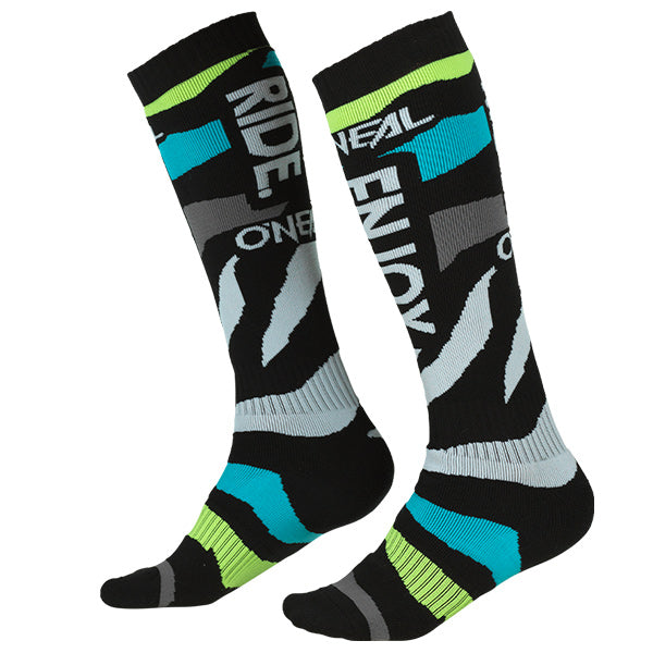 High-resolution studio image of O'Neal, Pro MX Zooneal Socks, SKU 0356-782, color options Blue/Yellow, Black/White