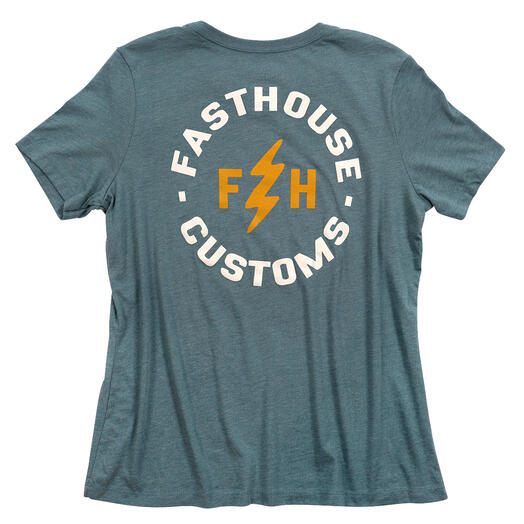 Clean studio shot of Fasthouse Easy Rider Tee (Womens); showing tee fit, printed graphics, and crew neckline; SKU 3216381474; Colors: Orange, Blue