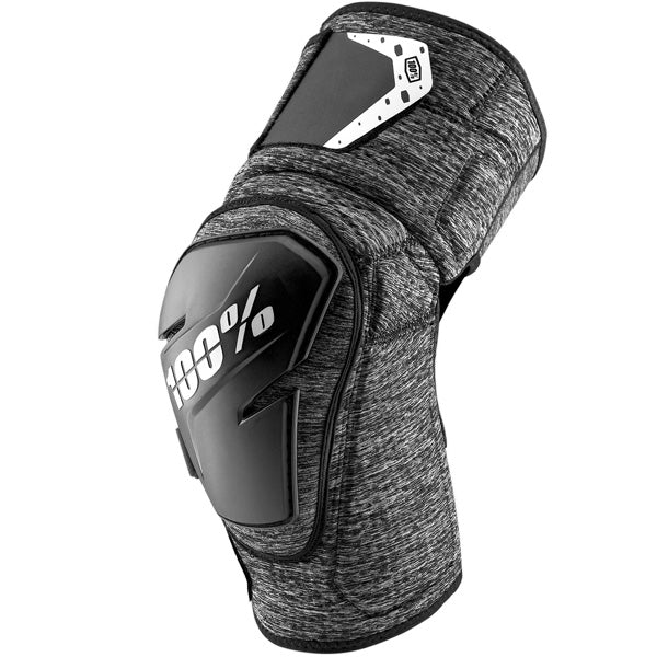 Catalog studio image of 100%, Fortis Knee Guards (MTB), Knee & Shin, SKU 27040581, color options Black, Grey Heather/Black, sizes S/M, L/XL, Designed for Mountain Bike, BMX and E-Bike riders