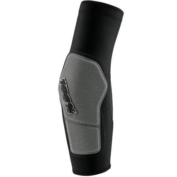 Detailed studio photograph of 100%, Ridecamp Elbow Guards (MTB), SKU 27060282, color options Red/Black, Grey Heather/Black, Black/Grey, sizes S–XL, Designed for Mountain Bike, BMX and E-Bike riders