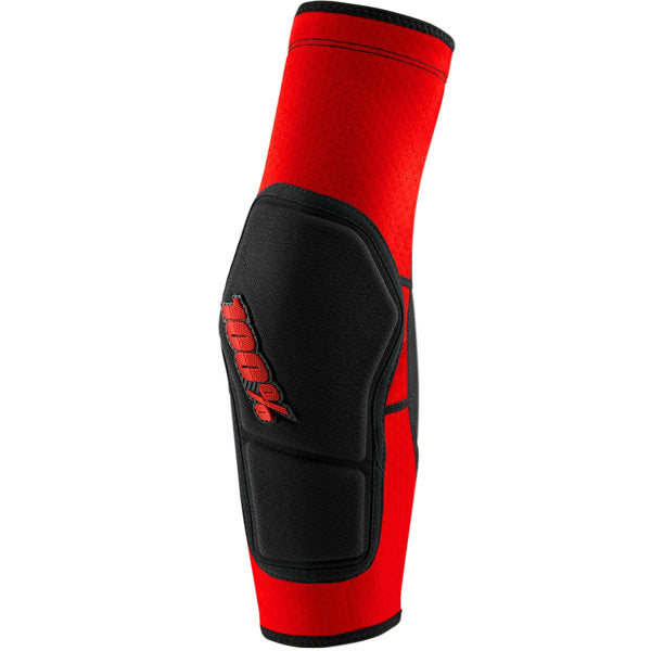 Clean studio photo on a white background of 100%, Ridecamp Elbow Guards (MTB), SKU 27060279, color options Red/Black, Grey Heather/Black, Black/Grey, sizes S–XL, Designed for Mountain Bike, BMX and E-Bike riders