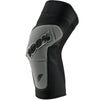 Detailed studio photograph of 100%, Ridecamp Knee Guards (MTB), Knee & Shin, SKU 27040545, color options Grey Heather/Black, Red/Black, Black/Grey, sizes S–XL, Designed for Mountain Bike, BMX and E-Bike riders