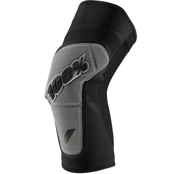 Detailed studio photograph of 100%, Ridecamp Knee Guards (MTB), Knee & Shin, SKU 27040545, color options Grey Heather/Black, Red/Black, Black/Grey, sizes S–XL, Designed for Mountain Bike, BMX and E-Bike riders