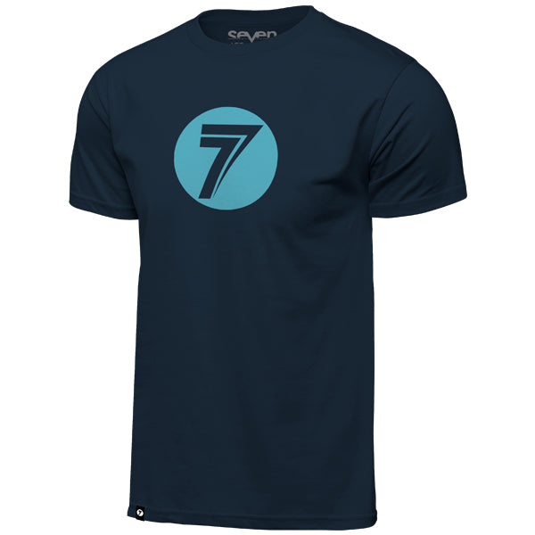 Professional studio photo of Seven MX Dot Tee; showing tee fit, printed graphics, and crew neckline; SKU 1500077-410-S; Sizes: S-3XL