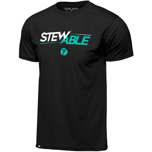 High-resolution studio image of Seven MX Stewable Tee; showing tee fit, printed graphics, and crew neckline; SKU 1500080-001-S; Colors: BLACK, BLUE