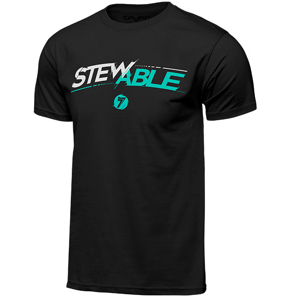 High-resolution studio image of Seven MX Stewable Tee (Youth); showing tee fit, printed graphics, and crew neckline; SKU 1500068-001-YXS; Colors: Black