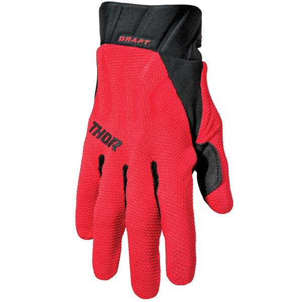 Product image of Thor 22 draft glove red black front f77da55e 5dd5 48f1 a601 f141c3b521f1 motocross gloves showing fit, construction, and colorway | Available at BTO Sports