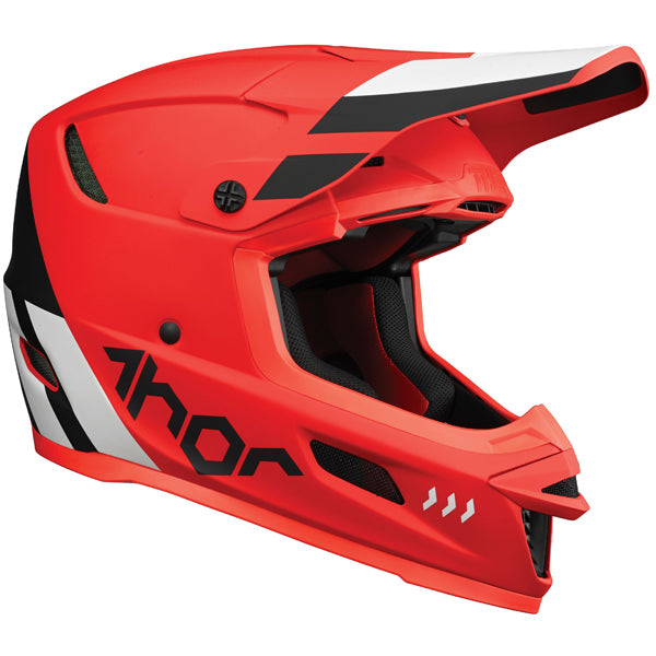 Studio view of Thor Thor - Reflex Cube Mips Helmet helmet, in RED and BLACK, MIPS-equipped, vented chin bar and intake ports, on a clean white background, for motocross / off-road use, (SKU 011074) Colors: BLACK and MINT, LIGHT GRAY and ORANGE, RED and BLACK Sizes: 2XL, LG, MD, SM, XL, XS