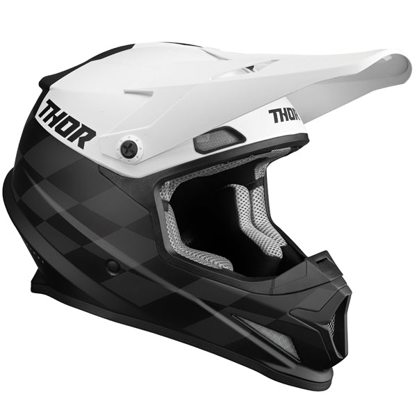 Studio view of Thor Thor - Sector Birdrock Helmet helmet, in Black and White, vented chin bar and intake ports, on a clean white background, for motocross / off-road use, (SKU 011073) Colors: Black and White, Gray and Acid Sizes: 2XL, LG, MD, SM, XL, XS