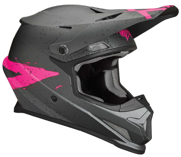 Studio view of Thor Thor - Sector Hype Helmet helmet, in Charcoal Pink, vented chin bar and intake ports, on a clean white background, for motocross / off-road use, (SKU 011055) Colors: Charcoal Pink Sizes: XL