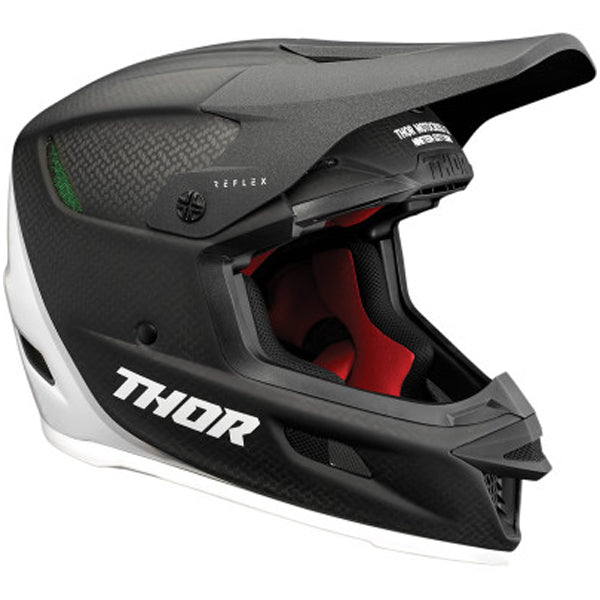 Studio view of Thor Thor - Reflex Polar Helmet helmet, in Black and White, vented chin bar and intake ports, on a clean white background, for motocross / off-road use, (SKU 011068) Colors: Black and White Sizes: 2XL, LG, MD, SM, XL, XS