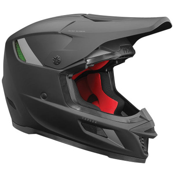 Studio view of Thor Thor - Reflex Blackout Helmet helmet, in Blackout, vented chin bar and intake ports, on a clean white background, for motocross / off-road use, (SKU 011068) Colors: Blackout Sizes: 2XL, LG, MD, SM, XL, XS