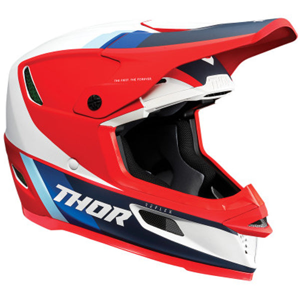 Studio view of Thor Thor - Reflex Apex Helmet helmet, in Red and White and Blue, vented chin bar and intake ports, on a clean white background, for motocross / off-road use, (SKU 011068) Colors: Acid and Gray, Red and White and Blue Sizes: 2XL, LG, MD, SM, XL, XS