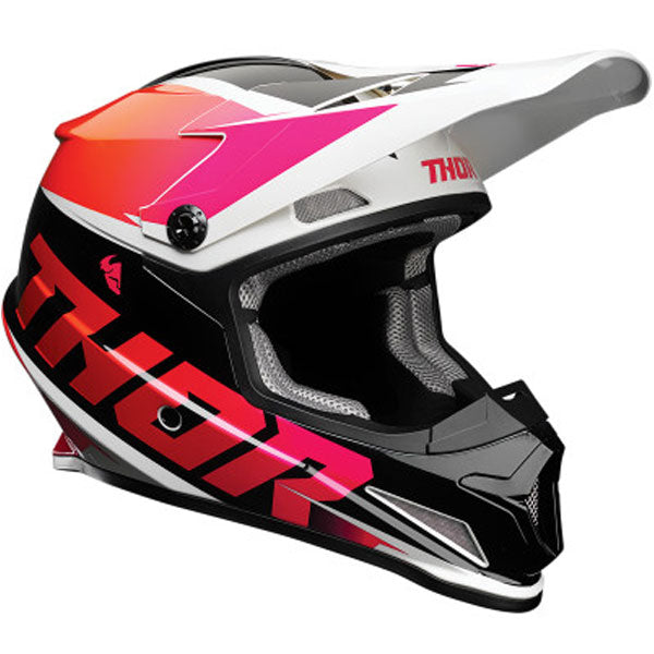 Studio view of Thor Thor - Sector Fader Helmet helmet, in Orange and Magenta, vented chin bar and intake ports, on a clean white background, for motocross / off-road use, (SKU 011067) Colors: Acid and Teal, Black and White, Blue and Black, Orange and Magenta, Red and Black Sizes: 2XL, 3XL, 4XL, LG, MD, SM, XL, XS