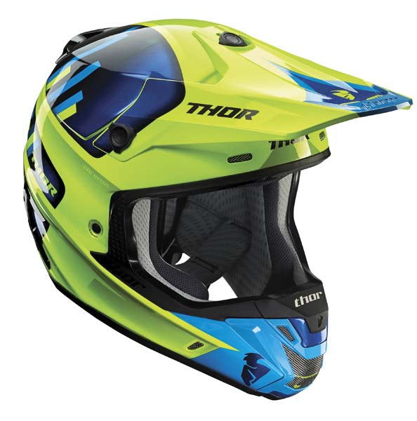 Studio view of Thor Thor - Verge Vortechs Helmet helmet, in Flo Green and Navy, vented chin bar and intake ports, on a clean white background, for motocross / off-road use, (SKU 011047) Colors: Flo Green and Navy Sizes: M