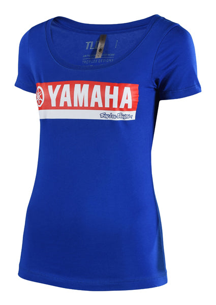 High-resolution studio image of Troy Lee Designs Yamaha RS2 Tee (Womens); showing tee fit, printed graphics, and crew neckline; SKU 753646225