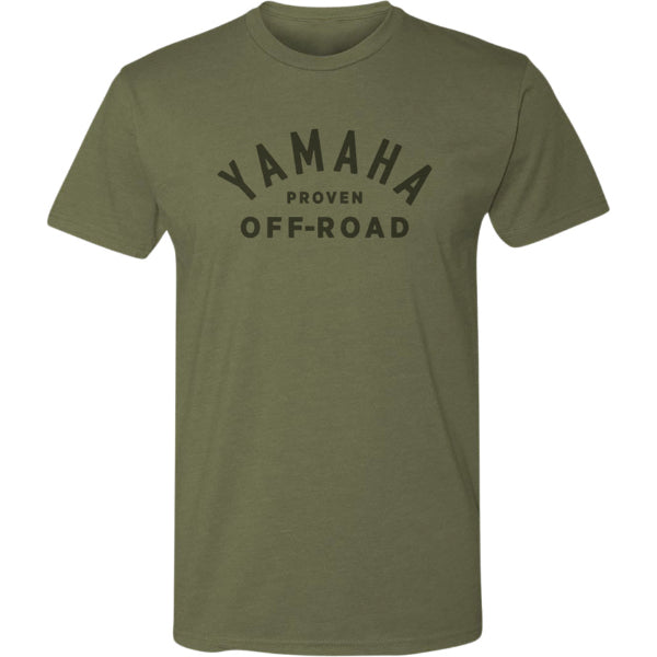 Professional studio photo of Yamaha Apparel Yamaha Proven Off-Road Tee; showing tee fit, printed graphics, and crew neckline; SKU 3030214; Sizes: S-2XL