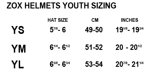 Zox Youth Helmet Sizing